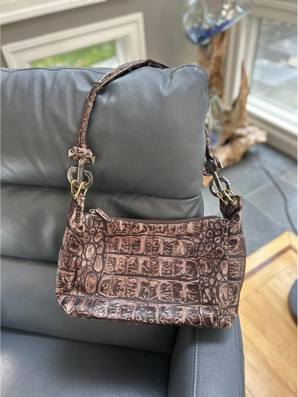 Barbara Genuine Leather Brown Crocodile Pattern Shoulder Bag
